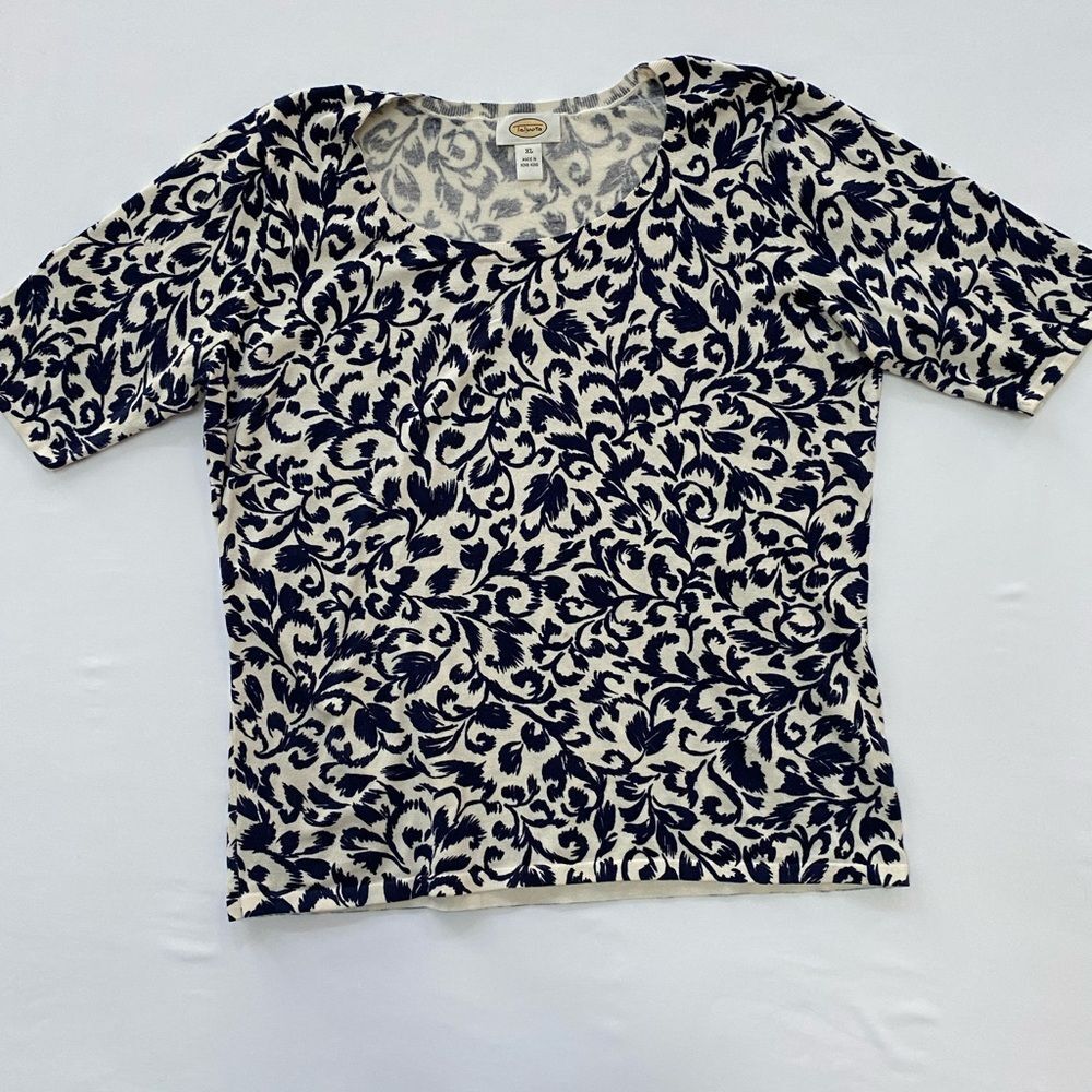 Talbots Navy Blue White Floral Leaf Print Knit Top XL
